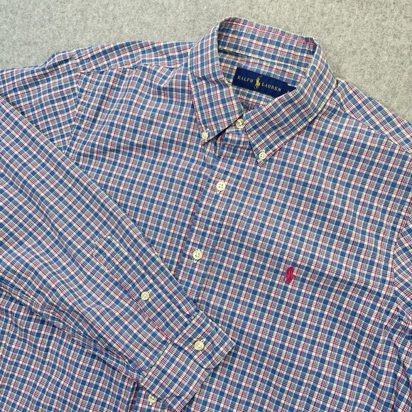 Ralph Lauren Button Down Shirt Mens Large L Blue Pink Tartan Plaid Long Sleeve - Picture 1 of 9